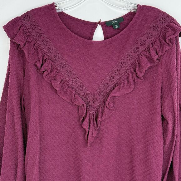 J.CREW Burgundy Ruffle Trim Honeycomb Knit Blouse Top Shirt Small - Picture 4 of 16